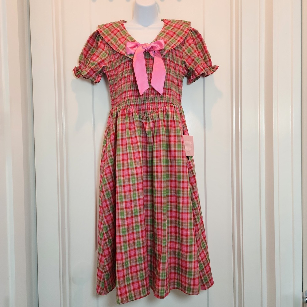 Ivy City Alice Dress L Rosewood Tartan Plaid Bow Smocked Coquette Holiday Preppy - Picture 2 of 15